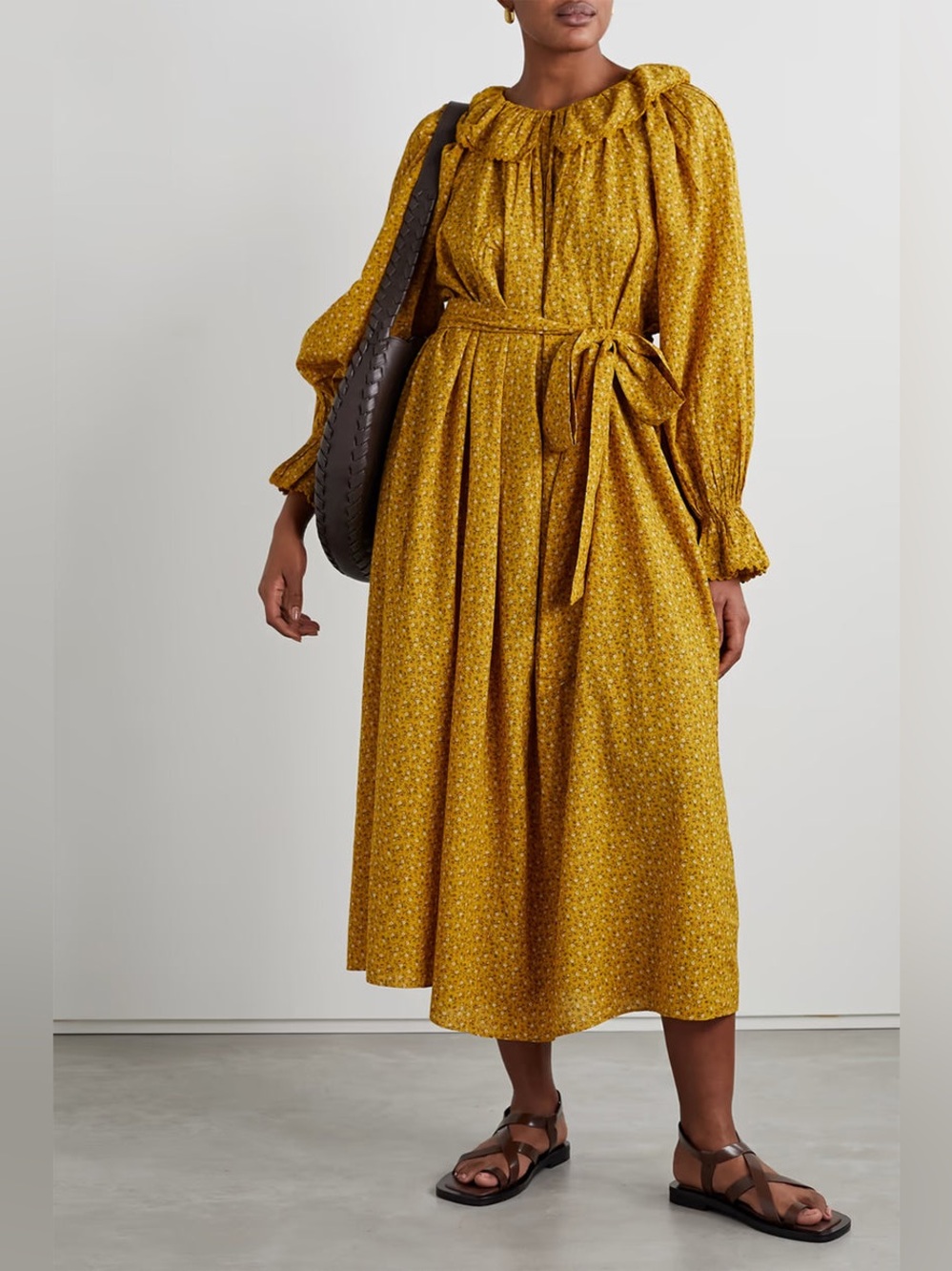 Doen Rory Dress-Sunsoaked Foothills Floral Print, Ruffle Collar, Belted, Organic